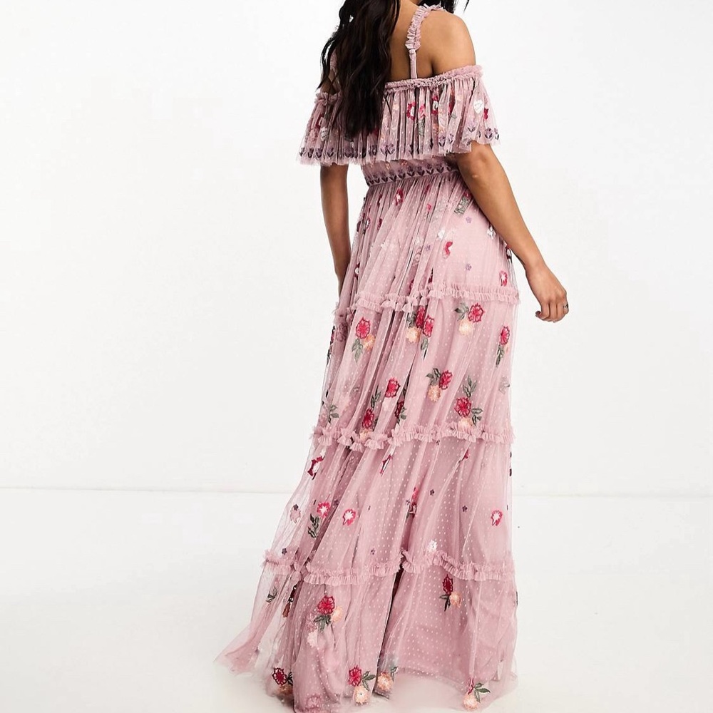 NWT Maya Deluxe Floral Embroidered Off Shoulder Ruffle Maxi Gown Dress Pink 2 - Picture 4 of 15